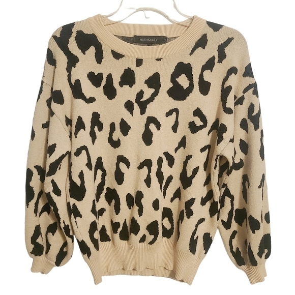 Merokeety | Women's Animal Print Balloon Sleeve Crewneck Sweater (Size Small) - Picture 2 of 11